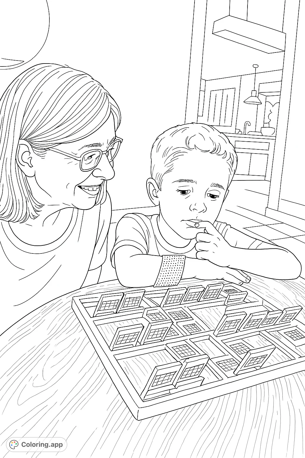 A heartwarming scene of an adult and a child playing a classic board game, perfect for family game night coloring page fun.