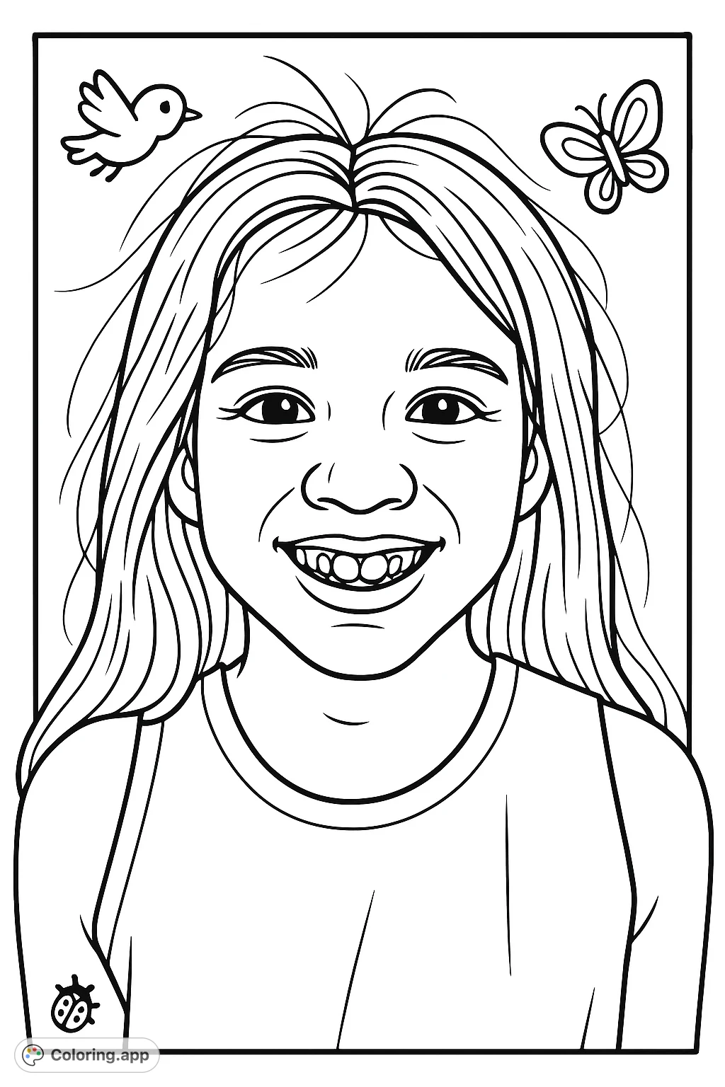 A cheerful cartoony girl with long hair and a bright smile, featuring small animal motifs. A delightful free printable coloring page for kids.