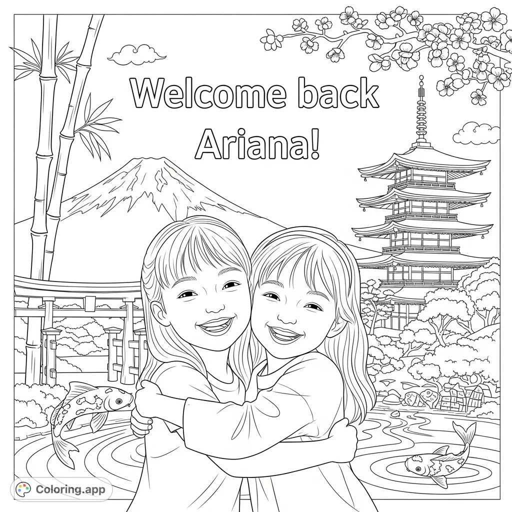 " text and a background filled with iconic Japanese landmarks and motifs. A joyful reunion coloring page.