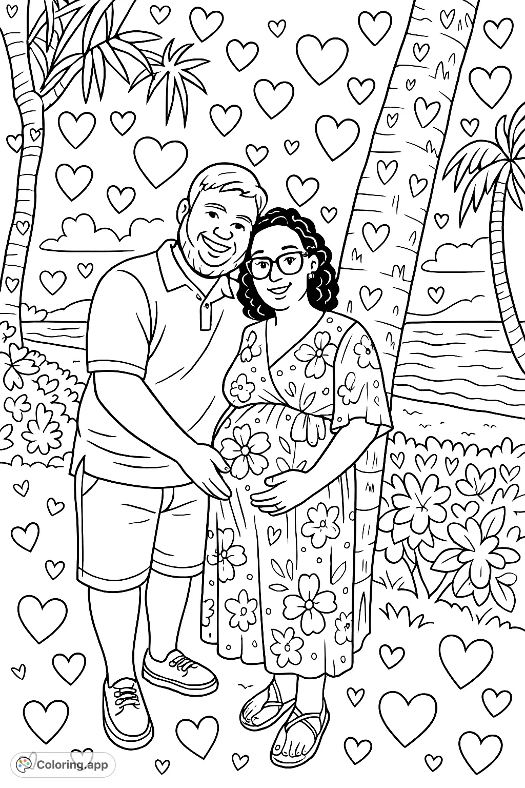 Celebrate new beginnings with this heartwarming expectant couple coloring page. Featuring a joyful pair on a beach, perfect for all ages to enjoy.