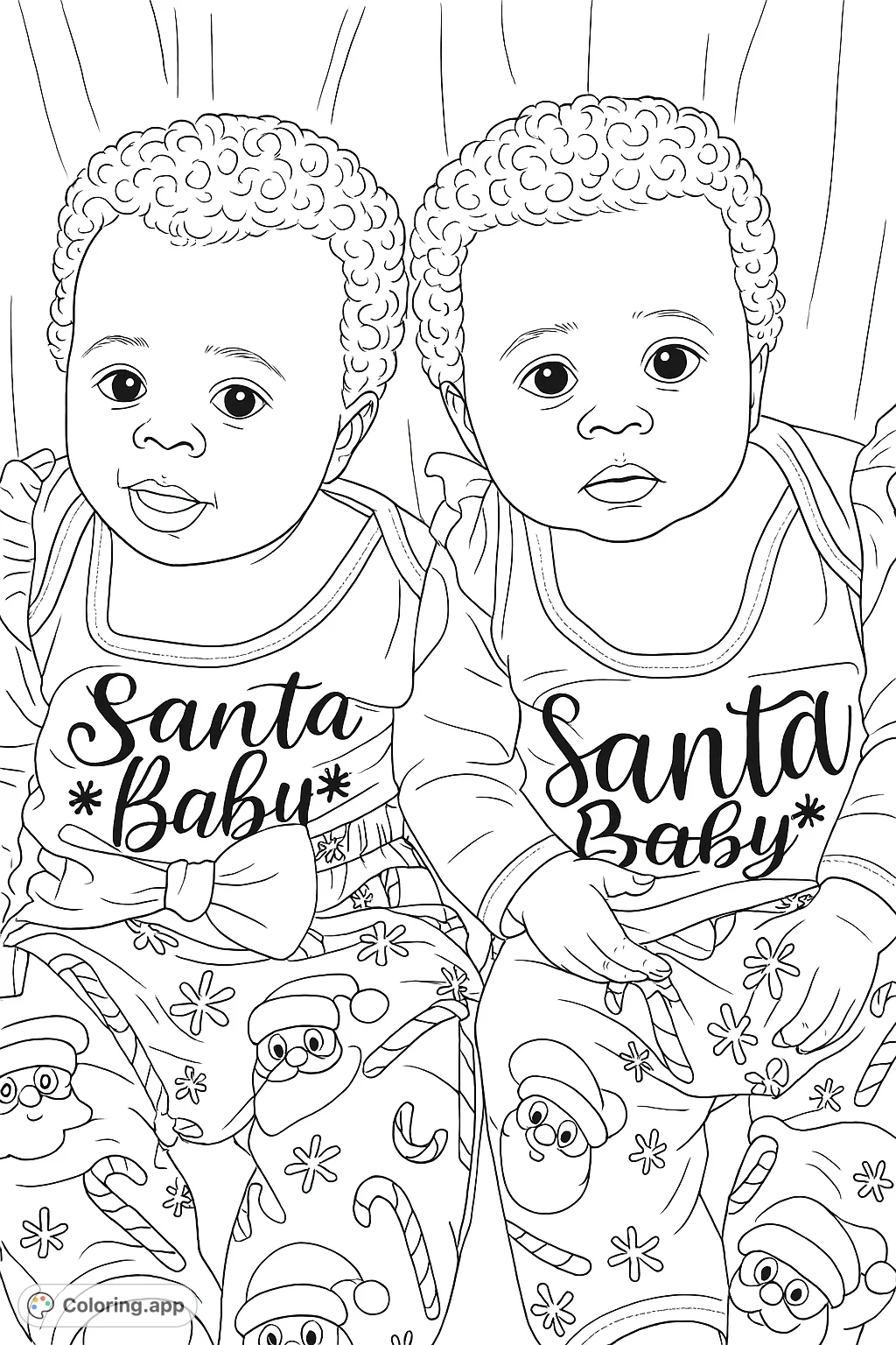 Adorable twin babies in festive outfits, featuring snowflakes and Santa figures. A heartwarming holiday scene perfect for a joyful coloring experience.