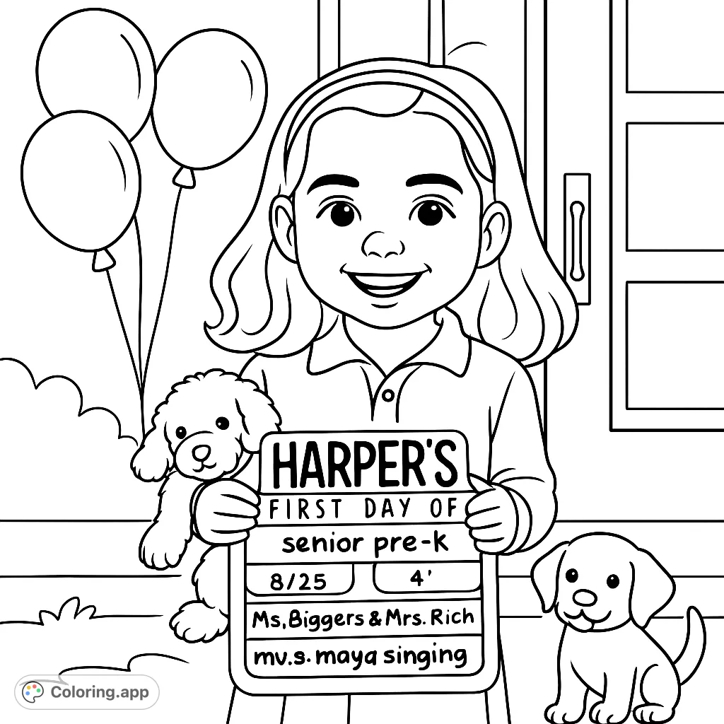 Celebrate the first day of school with this adorable coloring page featuring a smiling child, a teddy bear, school sign, balloons, and playful puppies. Perfect for young learners!