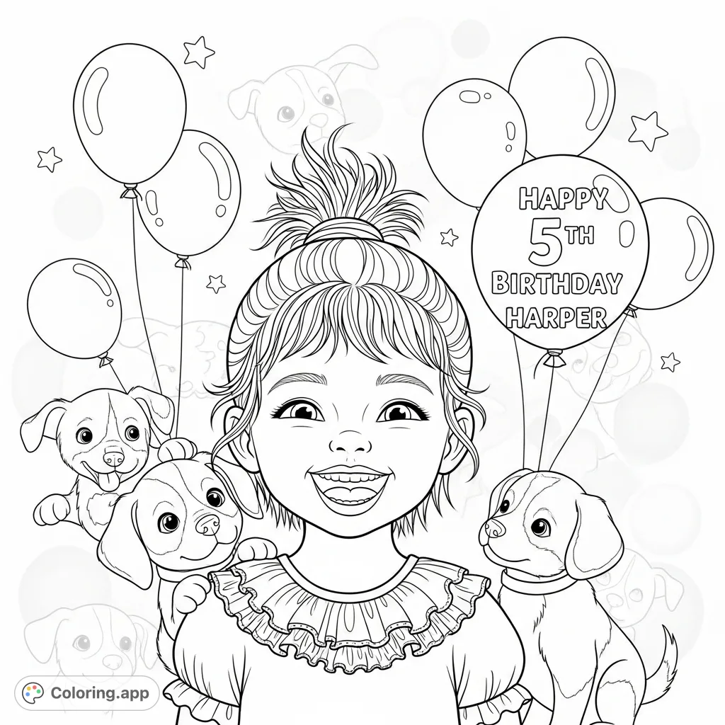 A heartwarming scene featuring a smiling child, two adorable puppies, and festive balloons. A delightful free printable coloring page for kids and adults.