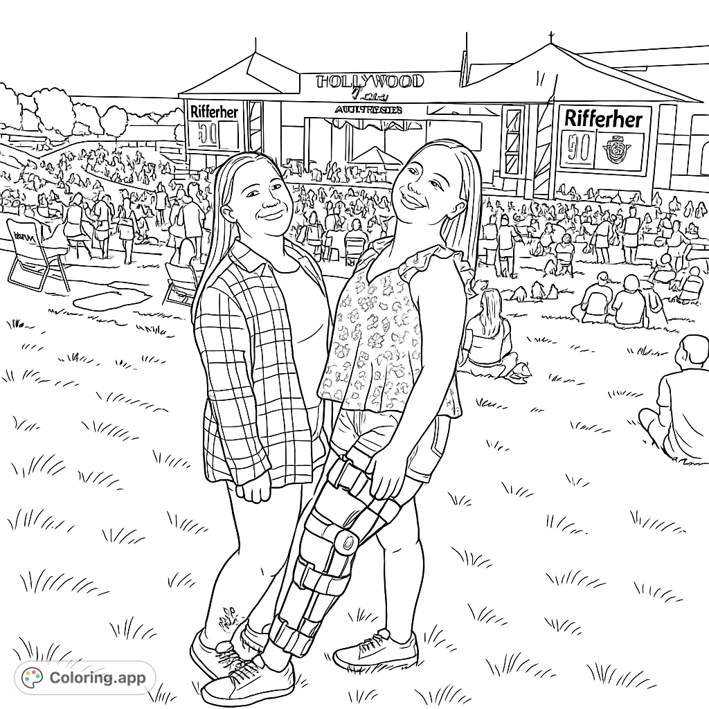 Two friends enjoy an outdoor concert, one with a leg brace, smiling in front of a grand amphitheater stage and a lively audience. Perfect for music lovers!