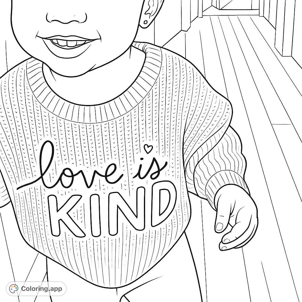 A heartwarming coloring page featuring a smiling child in a cozy sweater with 'love is KIND' text. Perfect for promoting positive messages.