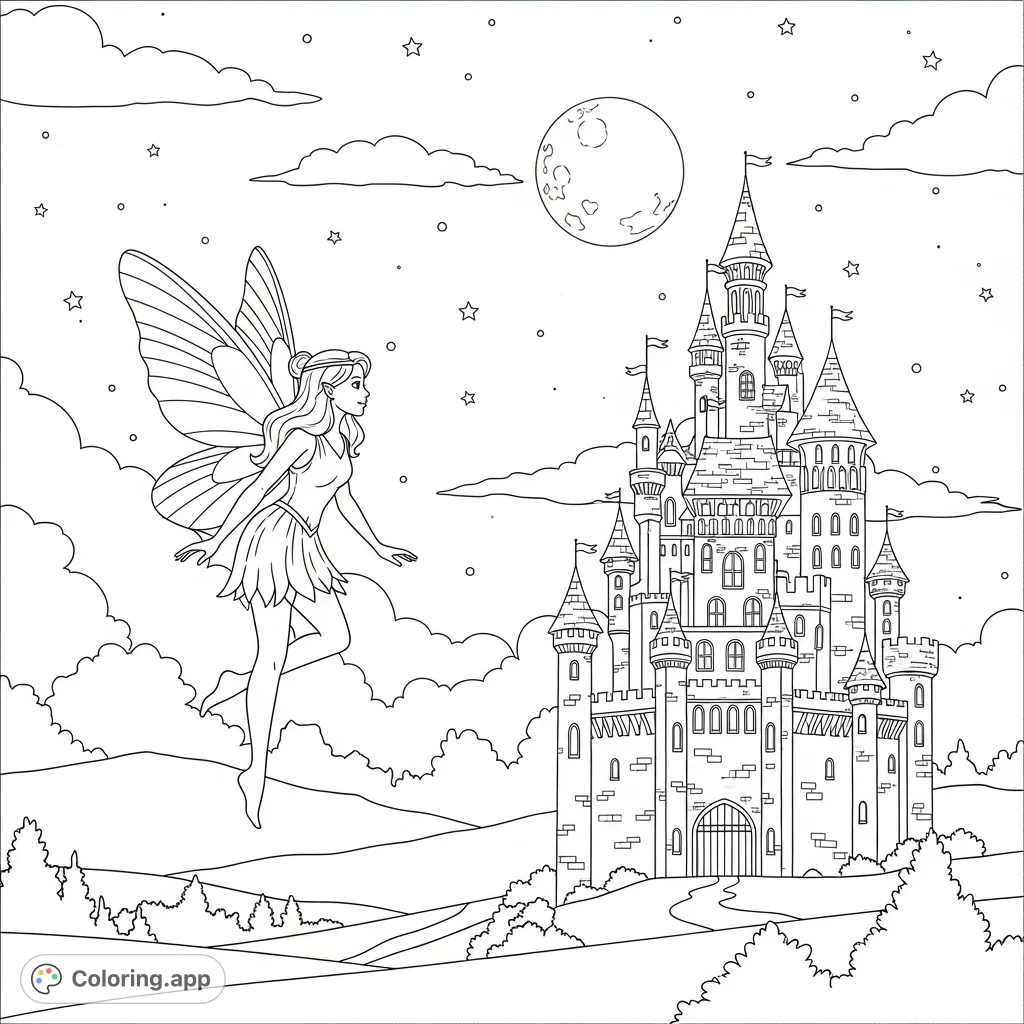 A magical fairy hovers before a grand castle under the enchanting glow of moonlight. A fantasy night scene for creative coloring.