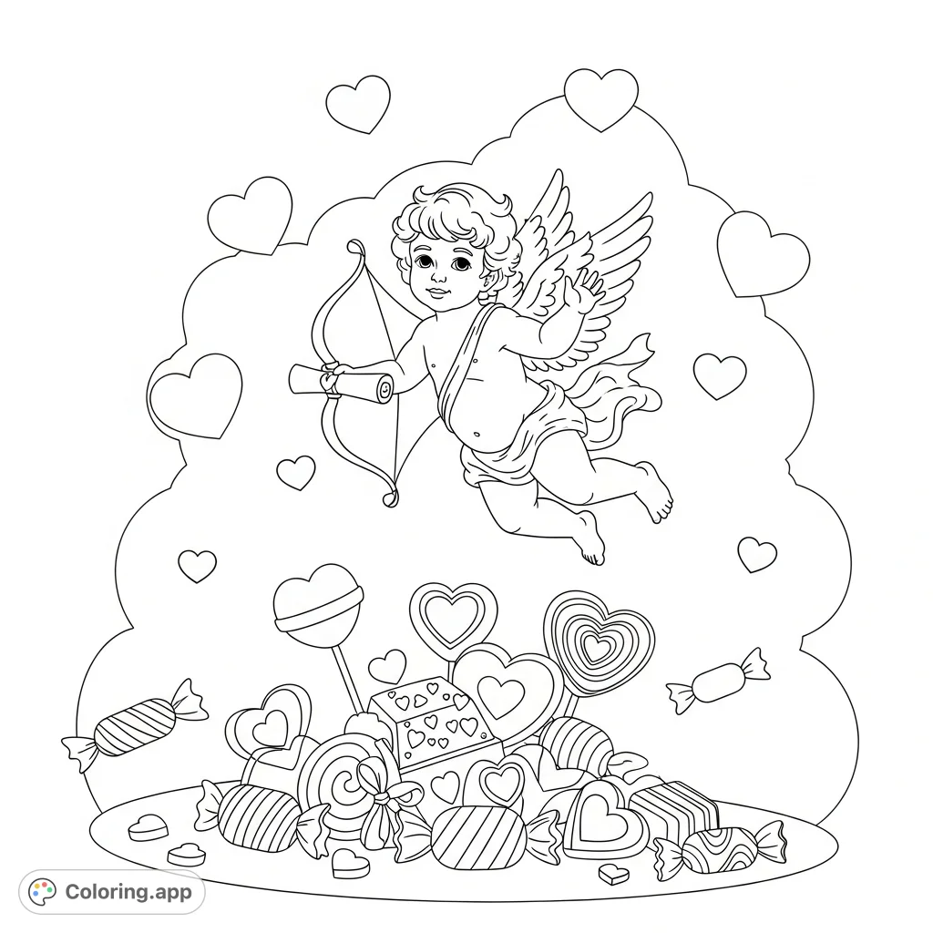 A charming Valentine's coloring page featuring Cupid gracefully flying amidst heart-shaped candies and holding a special love letter. Perfect for sharing affection.