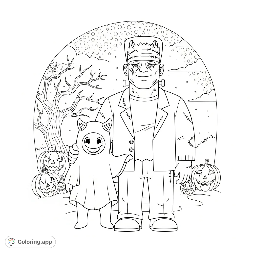 A friendly Frankenstein's monster poses with a cheerful companion amidst a whimsical Halloween setting. Perfect for a fun monster coloring page!