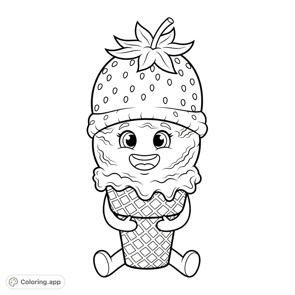 A cheerful strawberry ice cream scoop with a happy face and a whimsical strawberry hat, sitting in a classic waffle cone. A delightful treat for all ages!
