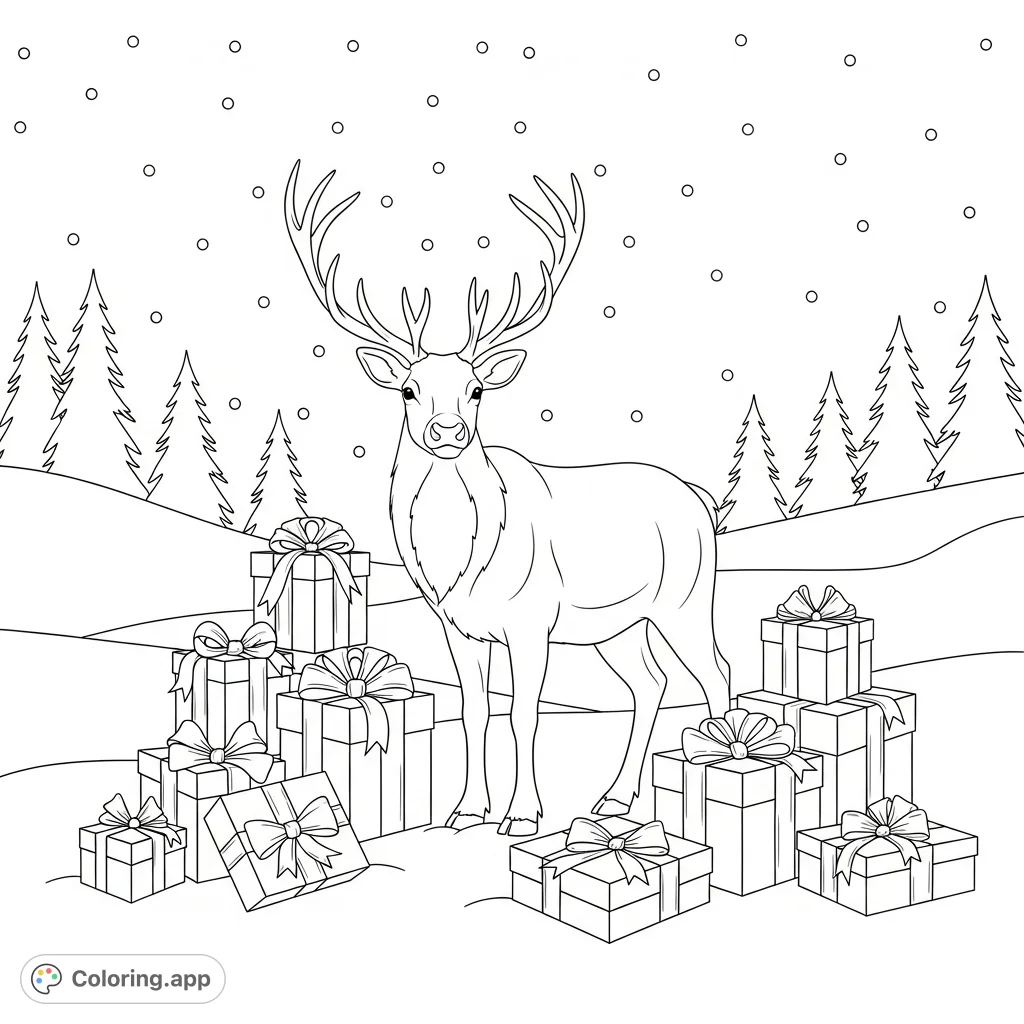 A delightful reindeer stands in a snowy winter scene, surrounded by wrapped holiday gifts. Perfect for festive coloring fun and holiday cheer!