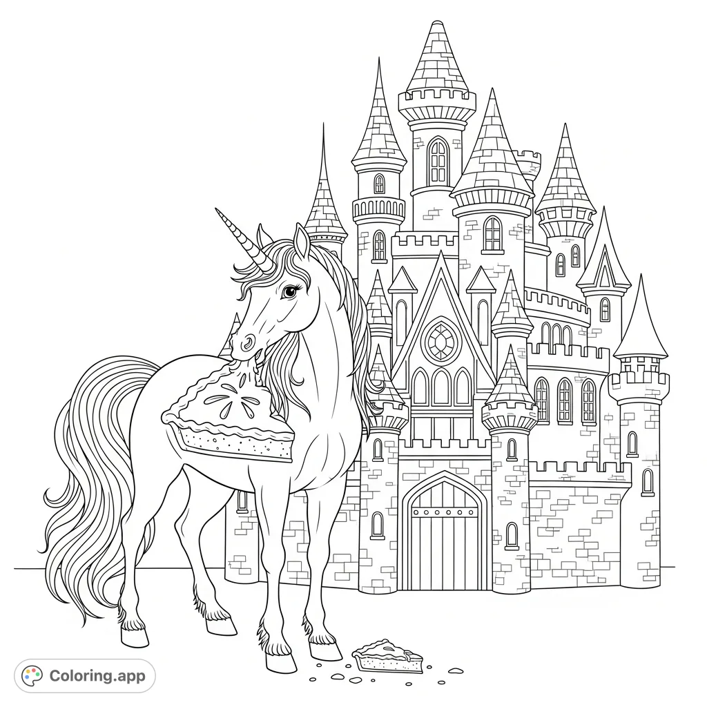 A unicorn enjoys a stolen pie slice beside a majestic castle. This charming unicorn castle coloring page offers whimsical fun for kids.