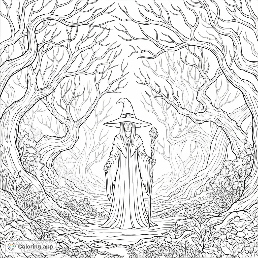 A mysterious witch wanders through a spooky haunted forest, her iconic hat adding to the Halloween atmosphere. Perfect for a magical coloring adventure.