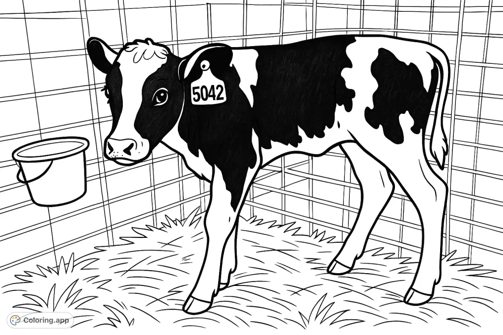 A charming cartoony calf with distinct patterns stands in its farm enclosure, ready for a splash of color. Perfect for animal lovers!