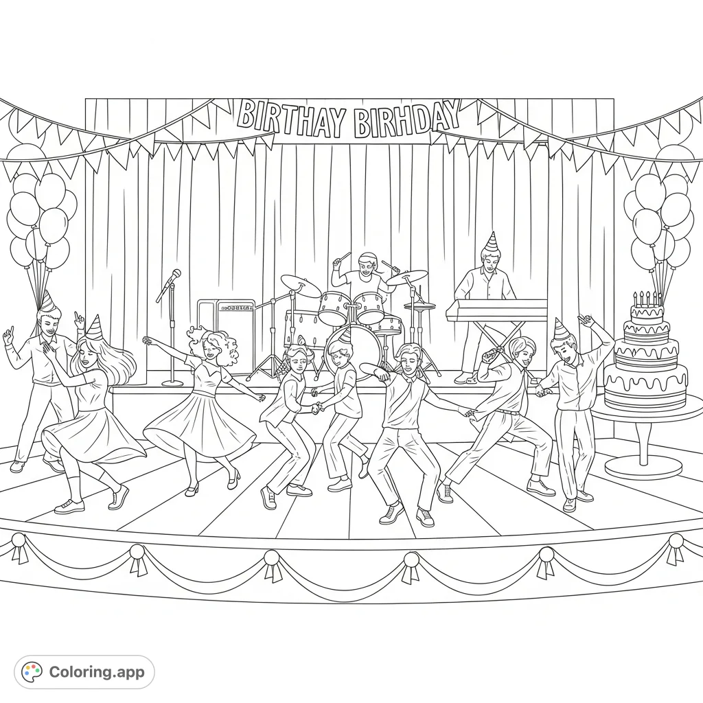 Celebrate with this lively birthday music dancing stage scene! Features energetic dancers, musical instruments, and festive decorations for a joyful coloring experience.