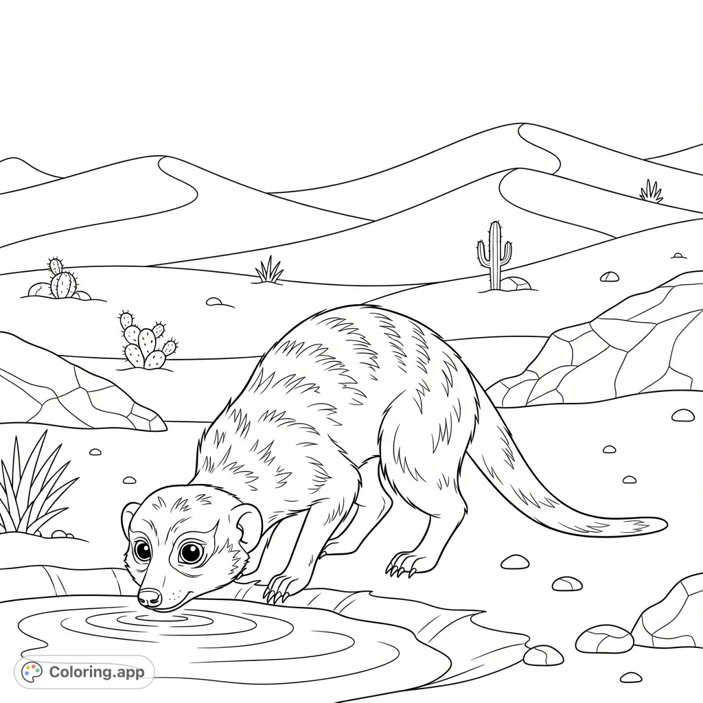 An adorable desert meerkat coloring page featuring a meerkat bending down to drink from a small puddle amidst a serene sandy dune landscape.