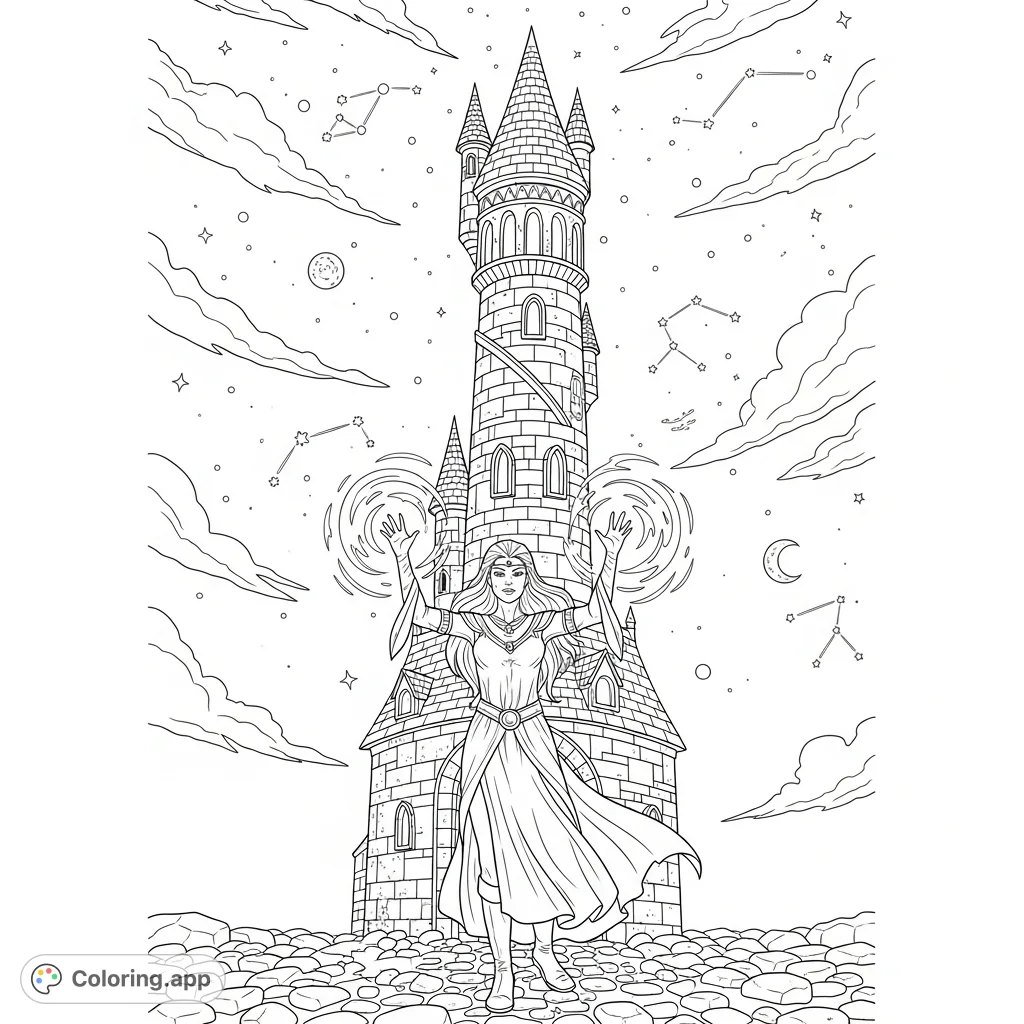 A mystical sorceress casts a powerful spell before an ancient wizard's tower beneath a breathtaking starry night sky. Dive into a world of magic!