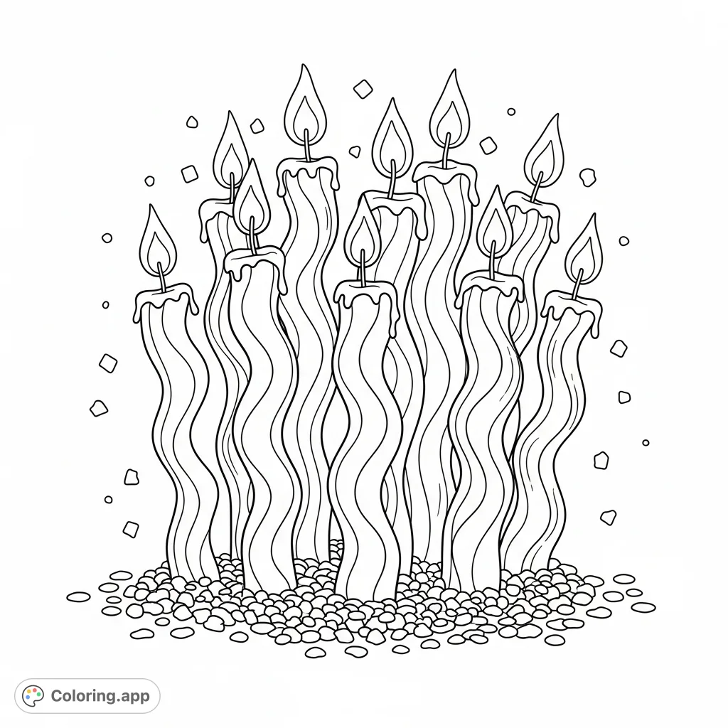 A delightful birthday coloring page featuring a festive group of wavy candles with scattered glitter, perfect for celebrating special moments.