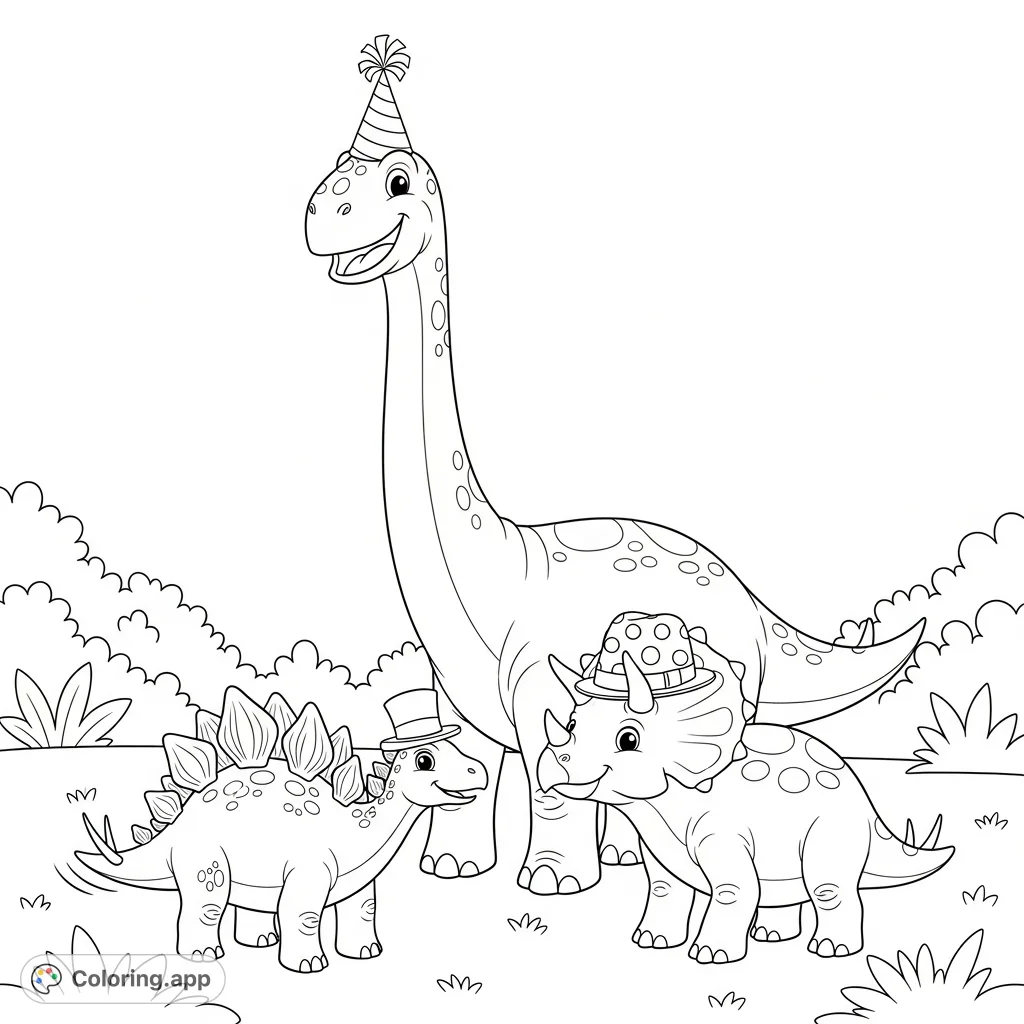 Join a trio of friendly dinosaurs celebrating in an open field! A Brontosaurus, Triceratops, and Stegosaurus wear festive hats, ready for color.