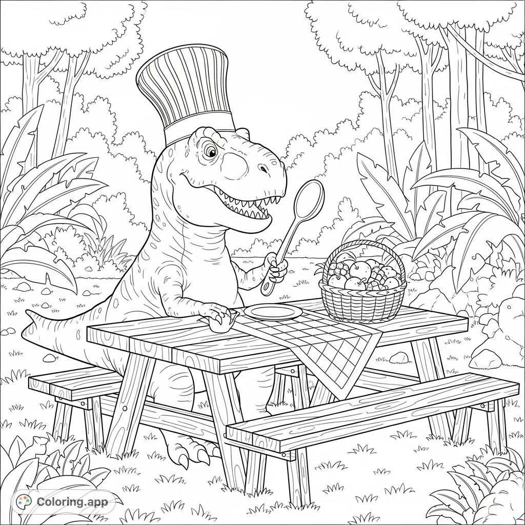 A whimsical Tyrannosaurus Rex chef enjoys a picnic in a prehistoric jungle, complete with a chef's hat, oversized spoon, and a fruit basket.