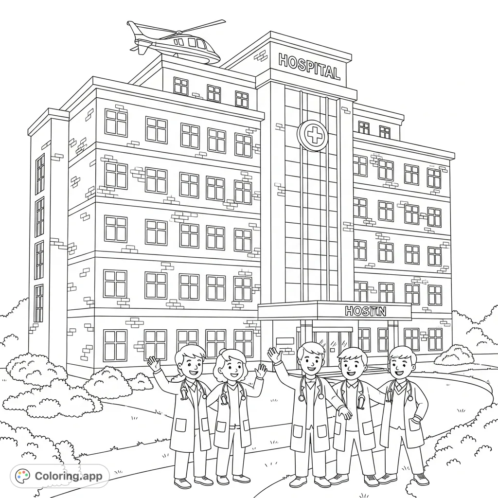 A cheerful hospital scene featuring a large building and happy doctors, perfect for a free printable coloring page.
