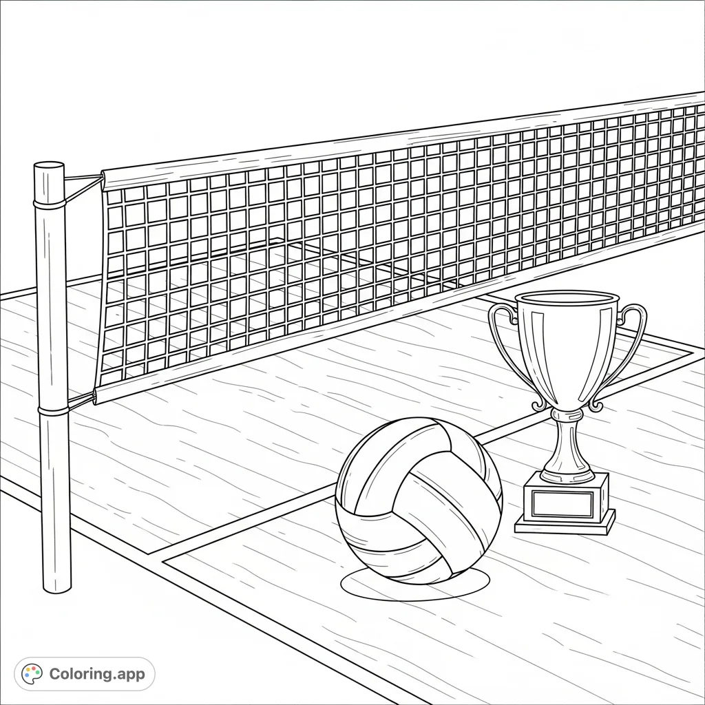 A detailed volleyball court scene featuring a net, a ball, and a gleaming trophy, ready for you to bring to life with your favorite colors.