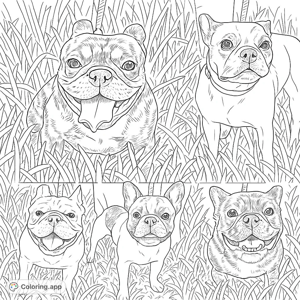 A delightful French Bulldog coloring page featuring five adorable dogs with unique patterns, posing happily in a lush grassy field.