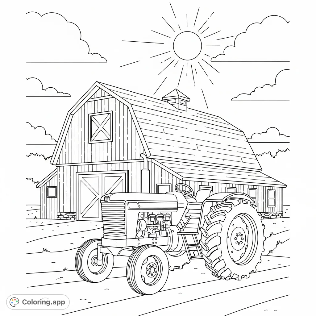 A charming farm scene featuring a sturdy barn, a powerful tractor, and a bright sun. Perfect for a relaxing and creative coloring experience.