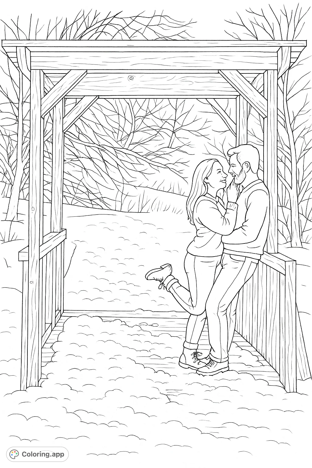 Capture a tender winter moment with a couple embracing under a rustic wooden archway amidst a snowy landscape. A romantic scene for creative expression.