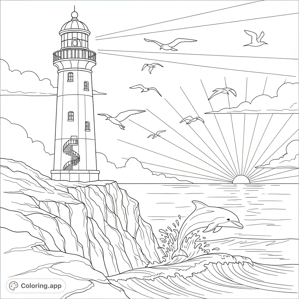 Explore a majestic lighthouse on a rugged cliff overlooking the ocean. Witness a dolphin leaping from waves and birds soaring under a rising sun.