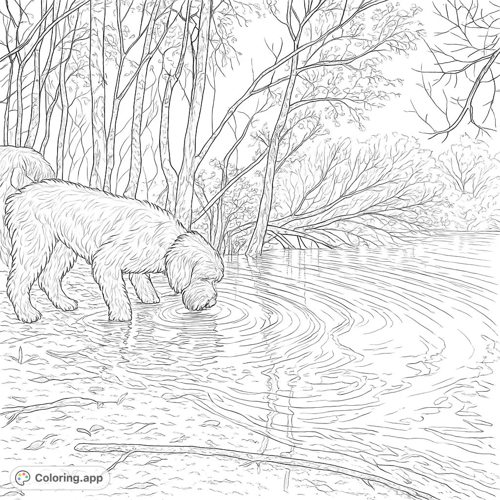A charming hand-drawn sketch of a shaggy dog quenching its thirst by a tranquil body of water, surrounded by tall trees. A delightful nature scene for all ages.