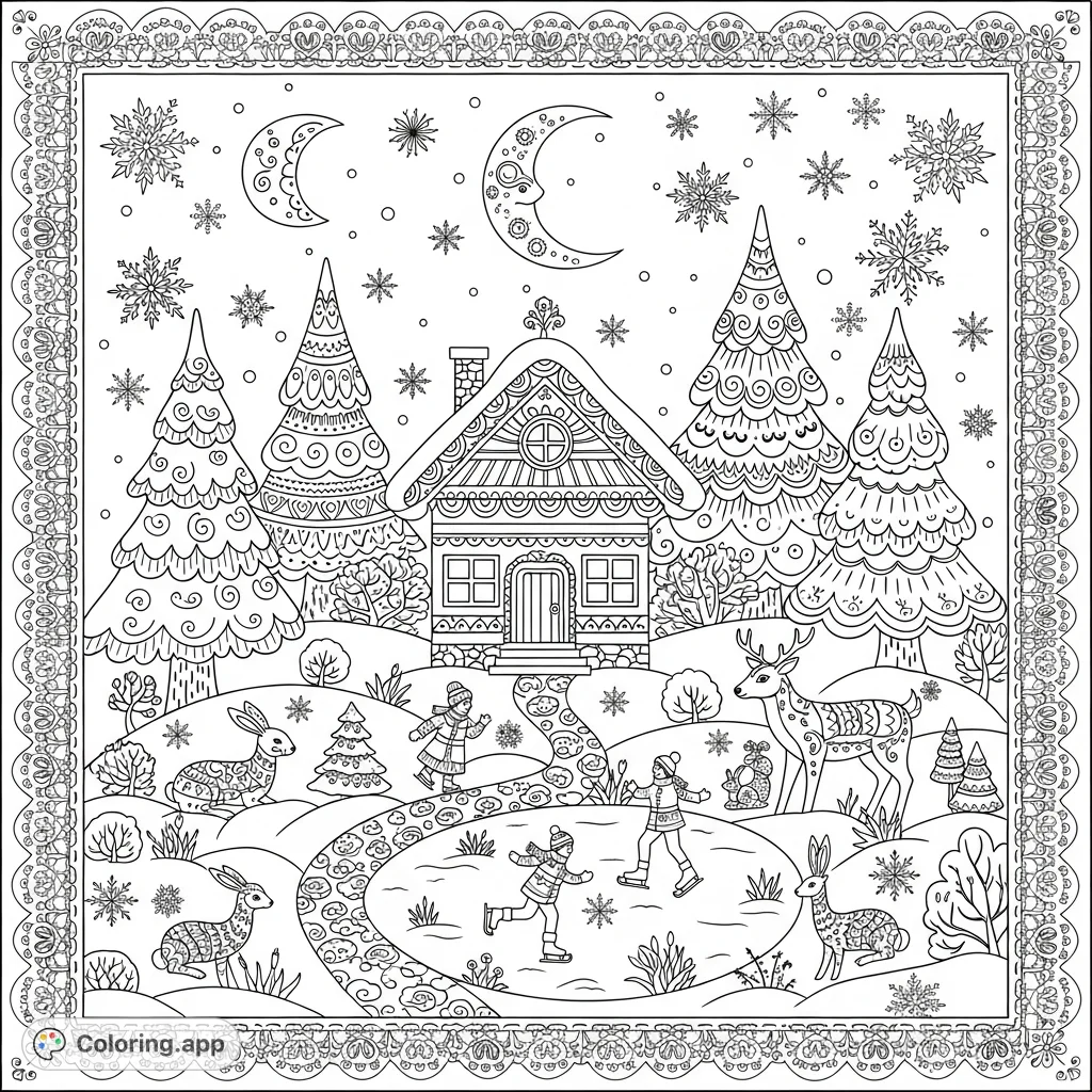 Immerse yourself in a charming winter folk art scene, featuring a patterned house, stylized trees, ice skaters, and whimsical animals amidst snowflakes.