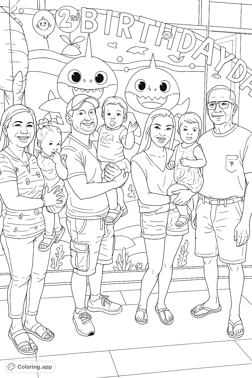 A joyful family gathers for a 2nd birthday celebration, featuring adults holding happy babies and toddlers against a fun, themed backdrop.