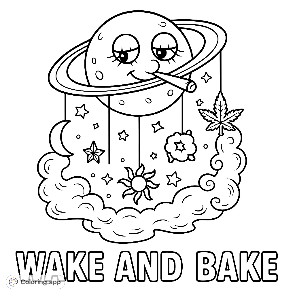 A chill planet with rings and a smoking object, surrounded by hanging stars, a sun, a cloud, and a distinct leaf, all amidst swirling smoke.