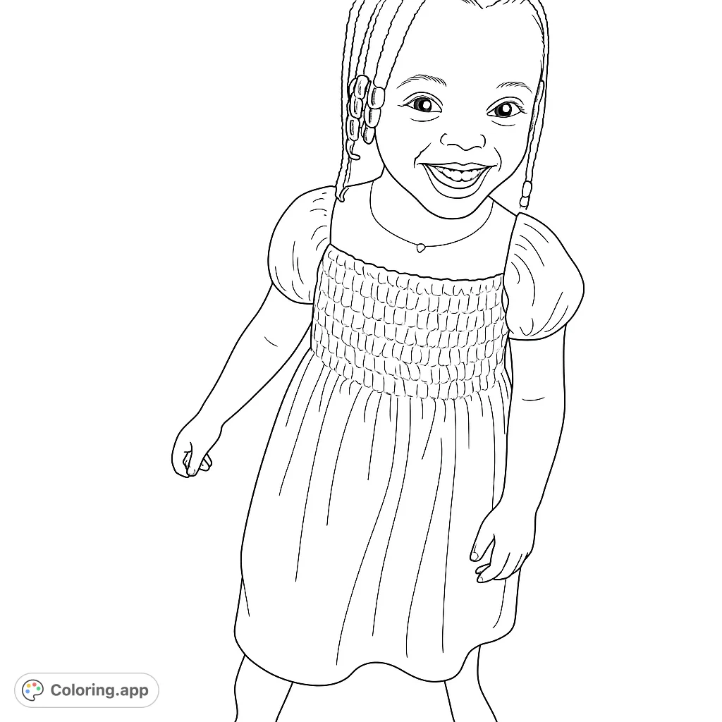 A joyful young girl with braided hair and a charming floral dress, captured in a moment of pure happiness. Perfect for a delightful coloring experience.