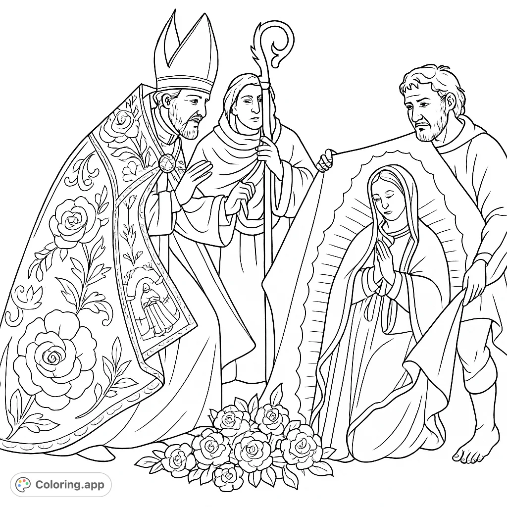 An intricate religious scene featuring a bishop, attendants, and a sacred image, perfect for detailed coloring and reflection on historical art.