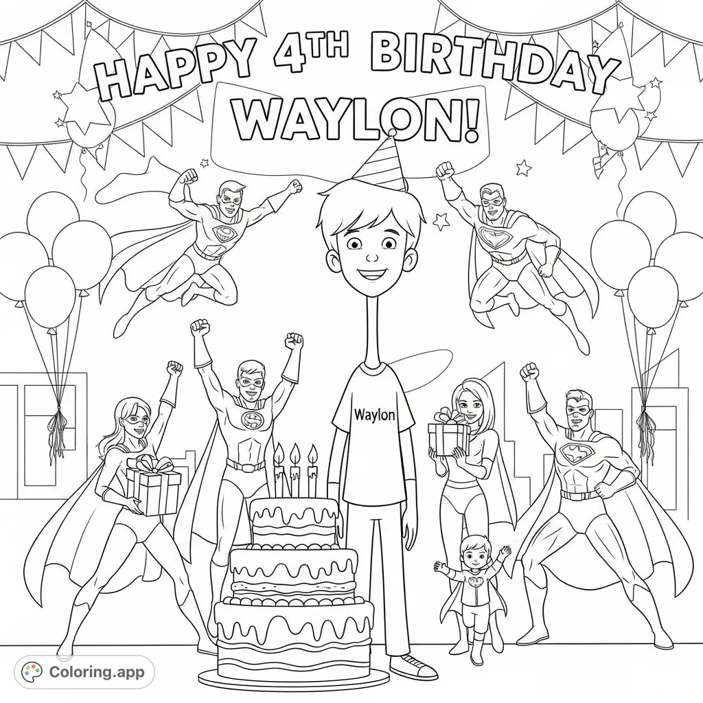 Celebrate Waylon's 4th birthday with an epic superhero party! A tall, thin Waylon stands beside a cake with four candles, surrounded by his favorite heroes.