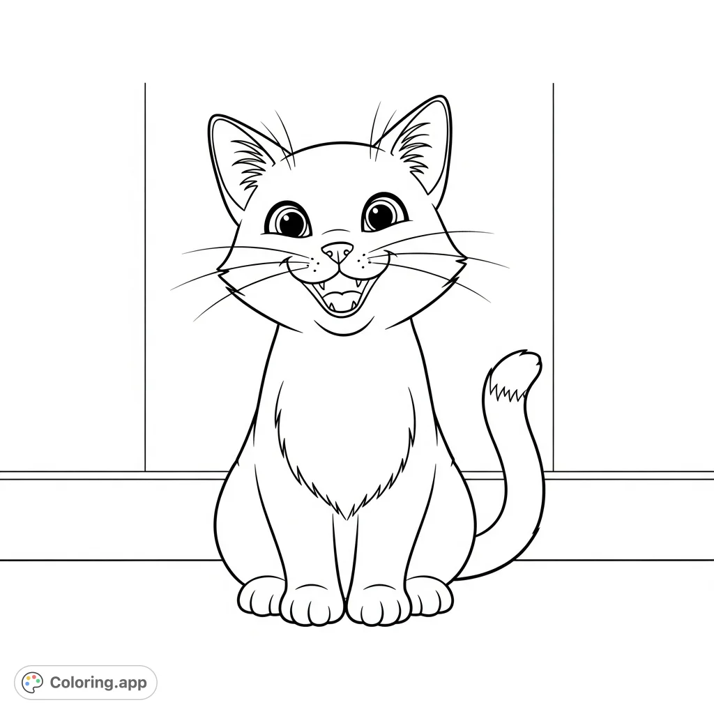 A delightful happy cat coloring page, featuring a cheerful feline with a big smile, perfect for pet lovers and a free printable coloring page for kids.