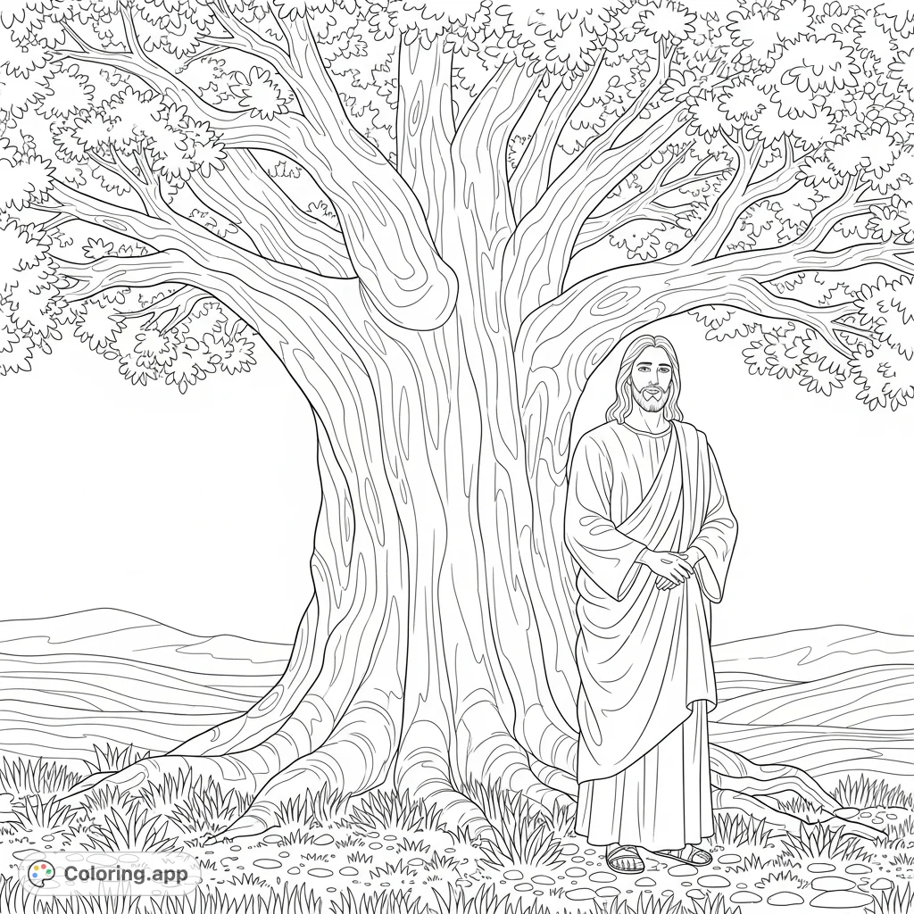 A serene depiction of Jesus standing peacefully beside a grand, ancient tree, inviting reflection and creative expression through coloring.