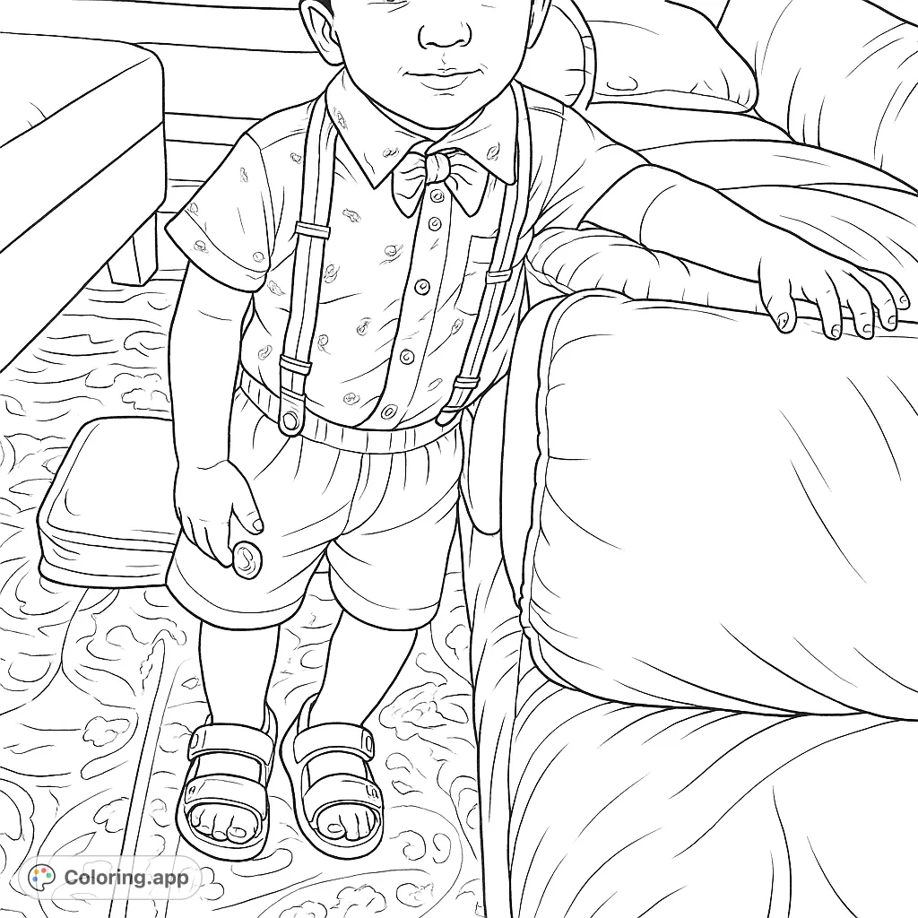 A charming child in a stylish outfit with suspenders and a bow tie, ready for a fun coloring adventure. Perfect for kids!