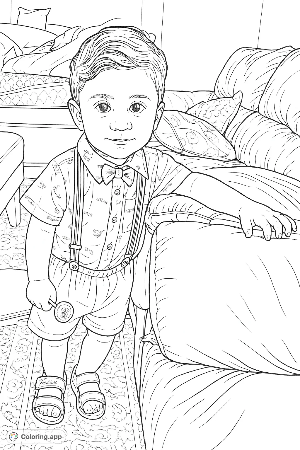 A delightful coloring page featuring a charming toddler in a dapper outfit with a bow tie and suspenders, perfect for young artists.