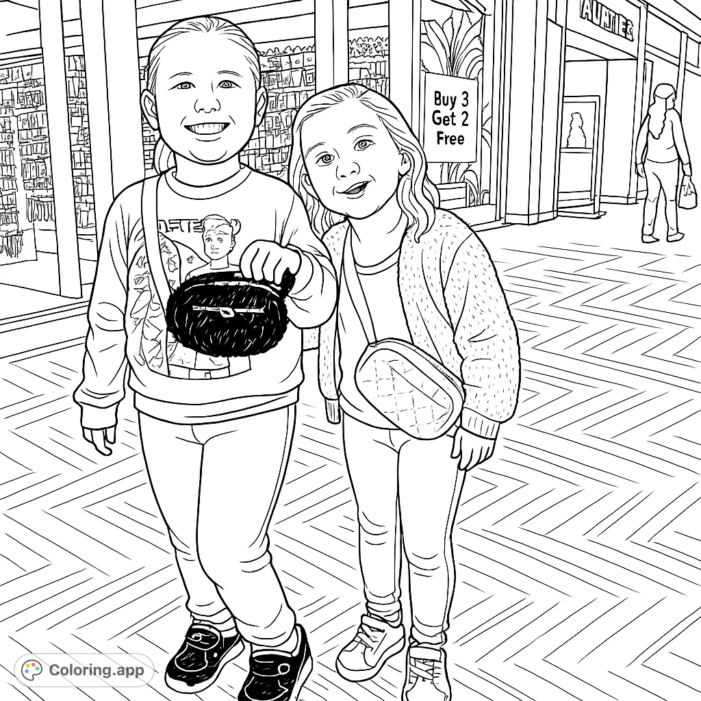 Two cheerful girls pose with their fun fanny packs in a bustling mall setting, ready for a creative coloring adventure.