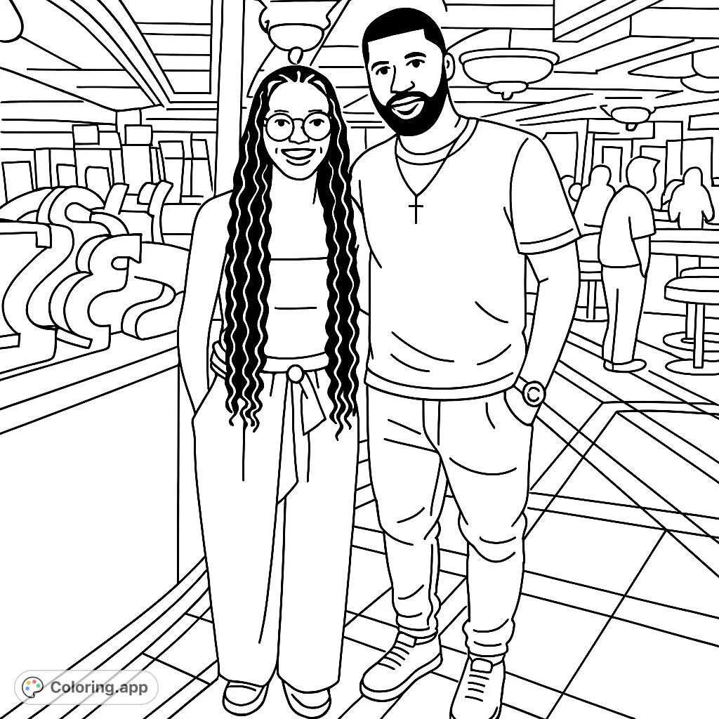 A happy couple enjoys a night out in a lively, ornate venue. This cartoony coloring page offers simple shapes for a relaxing and fun coloring experience.