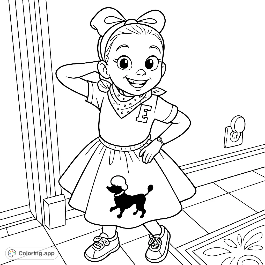 A whimsical poodle skirt coloring page featuring a joyful child in a retro outfit, perfect for a playful coloring adventure. Free printable coloring page!