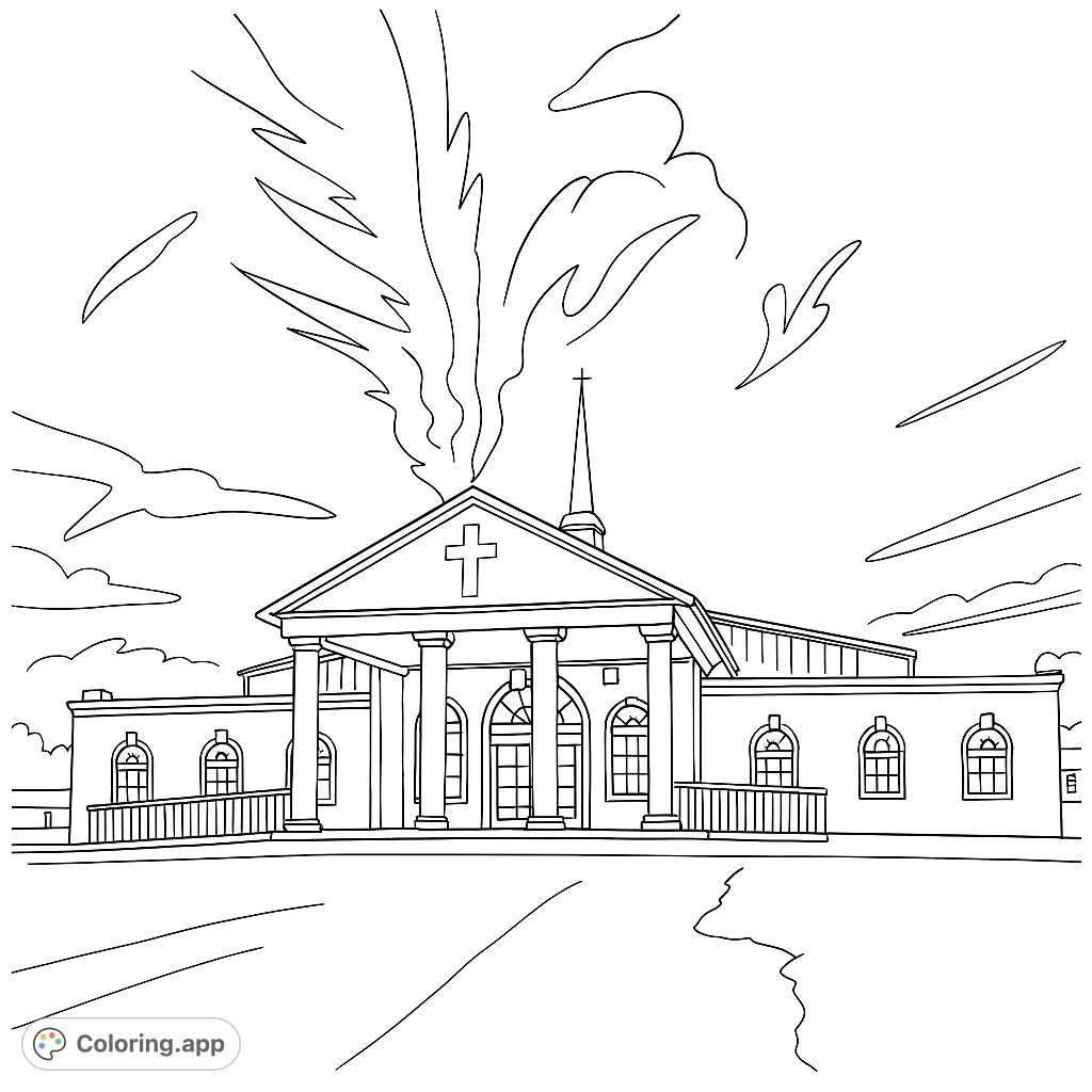 A grand church building with a prominent steeple and arched windows, set against a dramatic sky, perfect for a peaceful coloring experience.