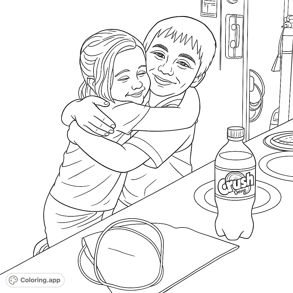 A heartwarming scene of two children sharing a joyful hug, their smiles radiating happiness. Perfect for a sweet and simple coloring experience.