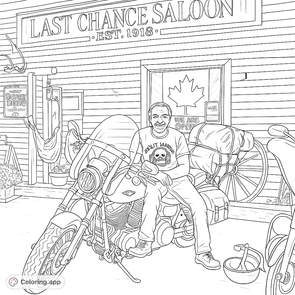 A detailed biker coloring page featuring a man on his motorcycle in front of a rustic saloon, complete with a Canadian flag and wagon wheel.