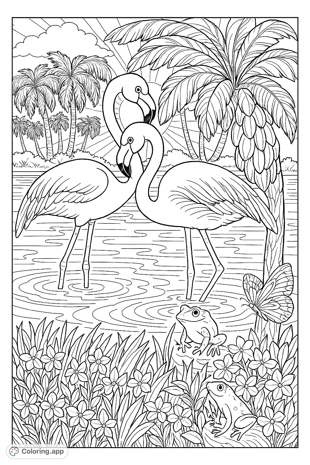 An enchanting tropical wetland scene featuring two elegant flamingos, a curious frog, and a delicate butterfly amidst lush palm trees and vibrant flora.