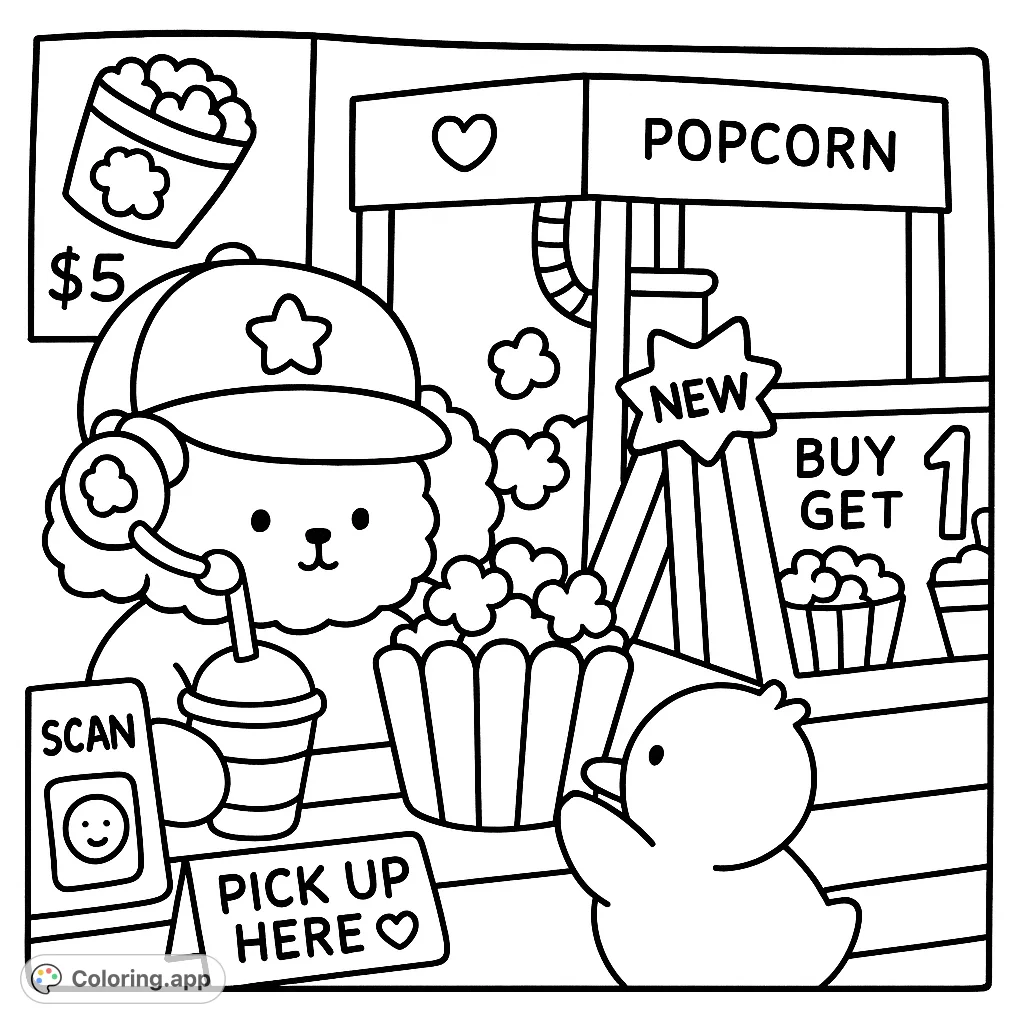 A charming popcorn stand scene with a fluffy vendor, a small customer, and delicious popcorn. Perfect for a fun, imaginative coloring experience!