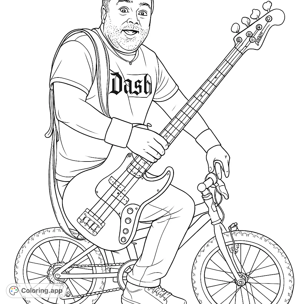 A fun coloring page featuring a bearded musician playing a bass guitar while riding a small bicycle. Perfect for music lovers and those who enjoy quirky scenes.
