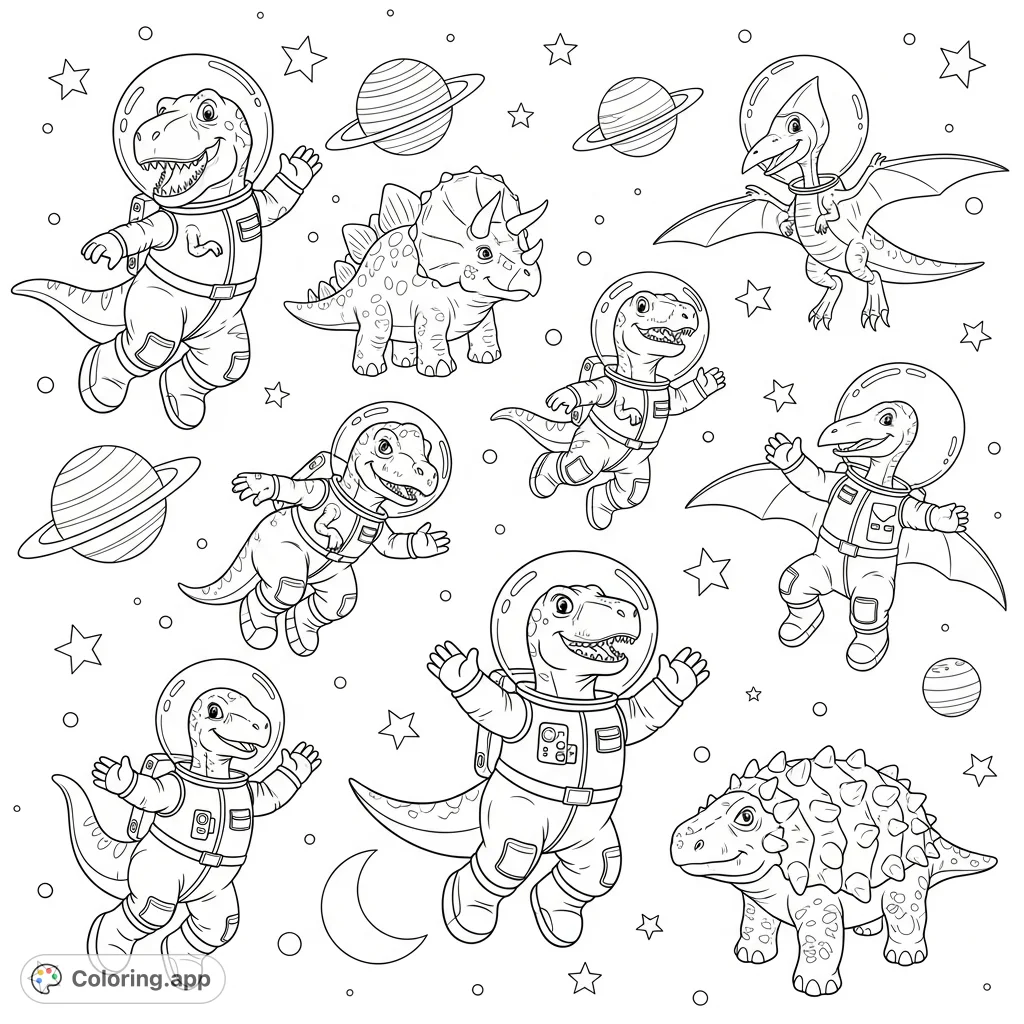 Explore the cosmos with a crew of friendly dinosaur astronauts! This fun coloring page features multiple prehistoric pals ready for an interstellar adventure.